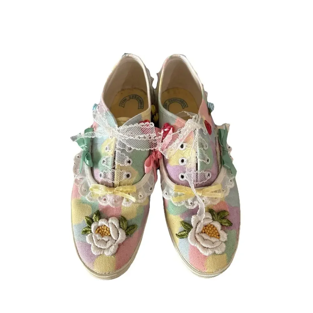 Vintage Cottagecore Embellished Canvas Sneakers Women’s Size 7 Handmade 90s